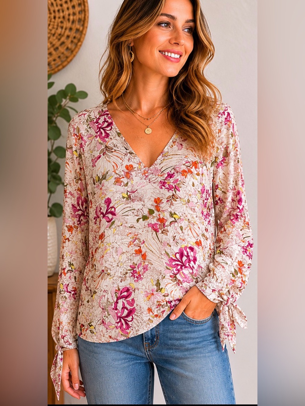 31 Maeve by Anthropologie Floral Boho Peasant Blouse Medium Tie Sleeve Pink Top